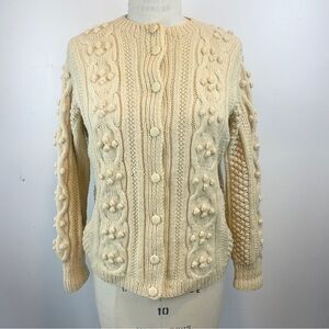50s Donegal Fishermans Cream Chunky Cable Cardigan Sweater Handknit 100% Wool